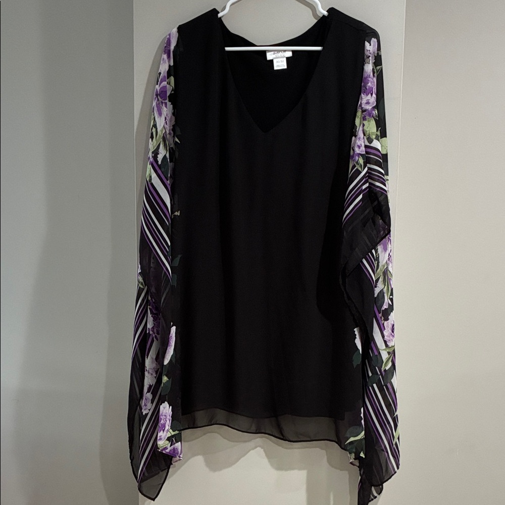 Avenue Black Top with Purple Floral Sleeves